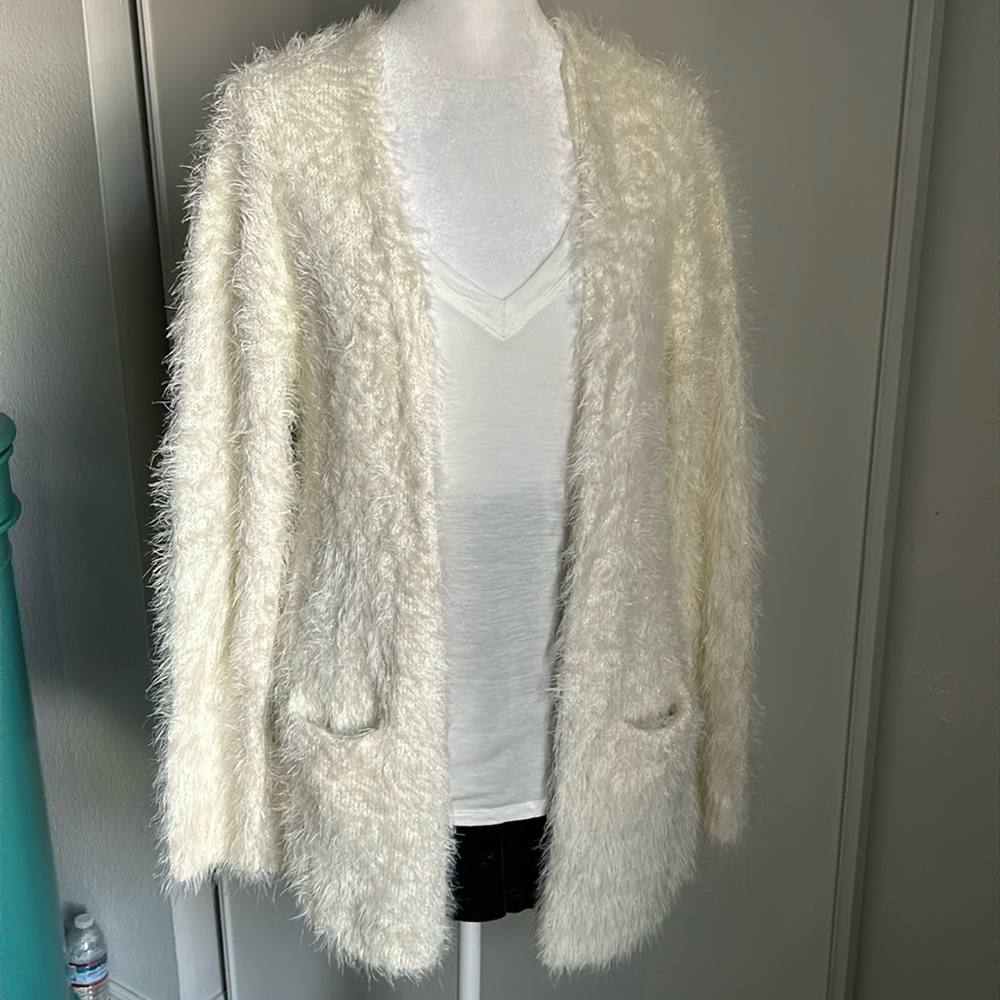 Justice Clothing Tween Open Front Fuzzy Eyelash Winter White and Gold Cardigan